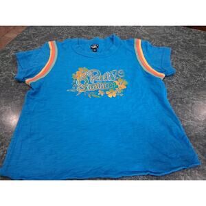 Roots 73 Canada Slub T-Shirt Women's Sz L Teal Tropical TShirt VTG Vibe Hibiscus